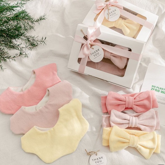 [우이동금손] 밀크티 턱받이, 리본헤어밴드 세트